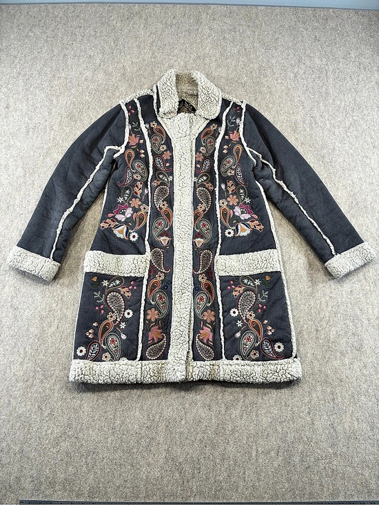 Johnny Was Jackets & Blazers - Johnny Was Biya Women's Sherpa Lined Embroidered Paisley Coat Gray Size S